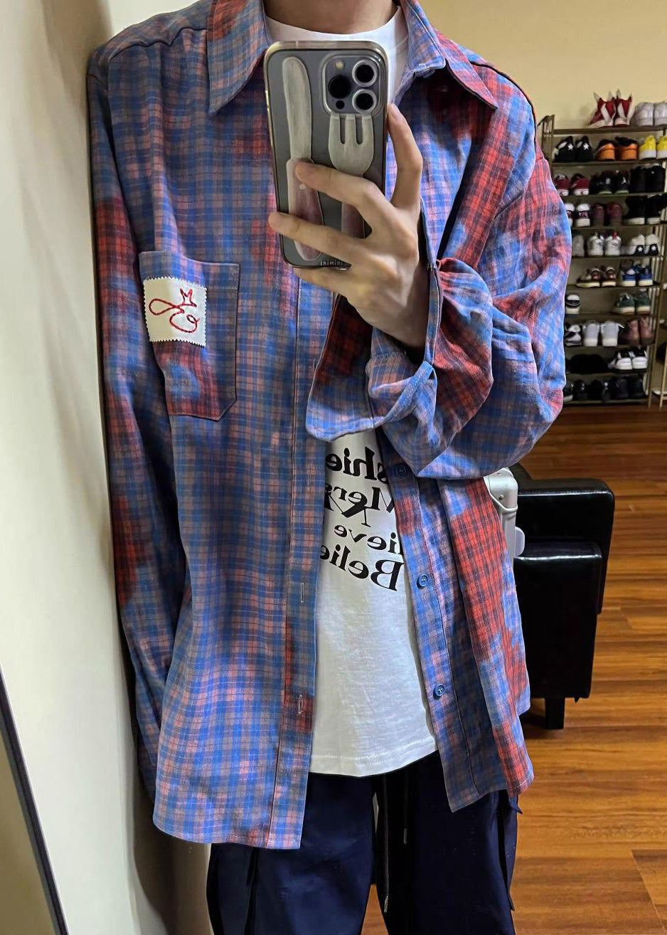 Plaid Spring Pockets Cotton Art Men Asymmetrical Shirts