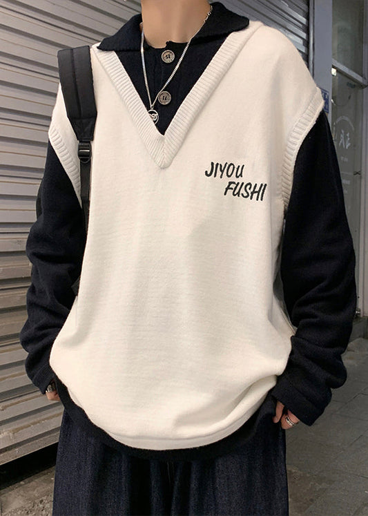 Patchwork Cozy Spring Embroideried Art Sweater Men Beige Knit