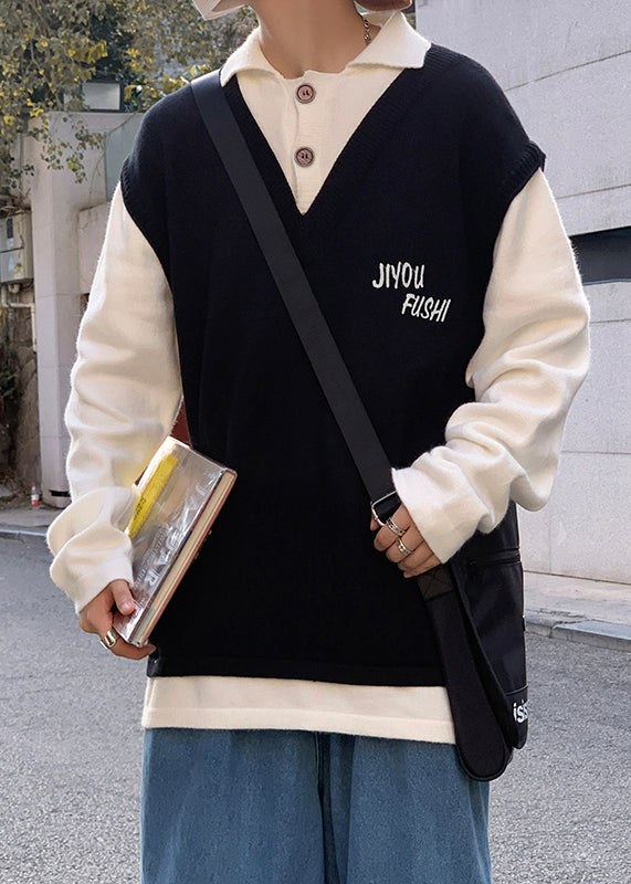 Patchwork Cozy Spring Embroideried Art Sweater Men Beige Knit