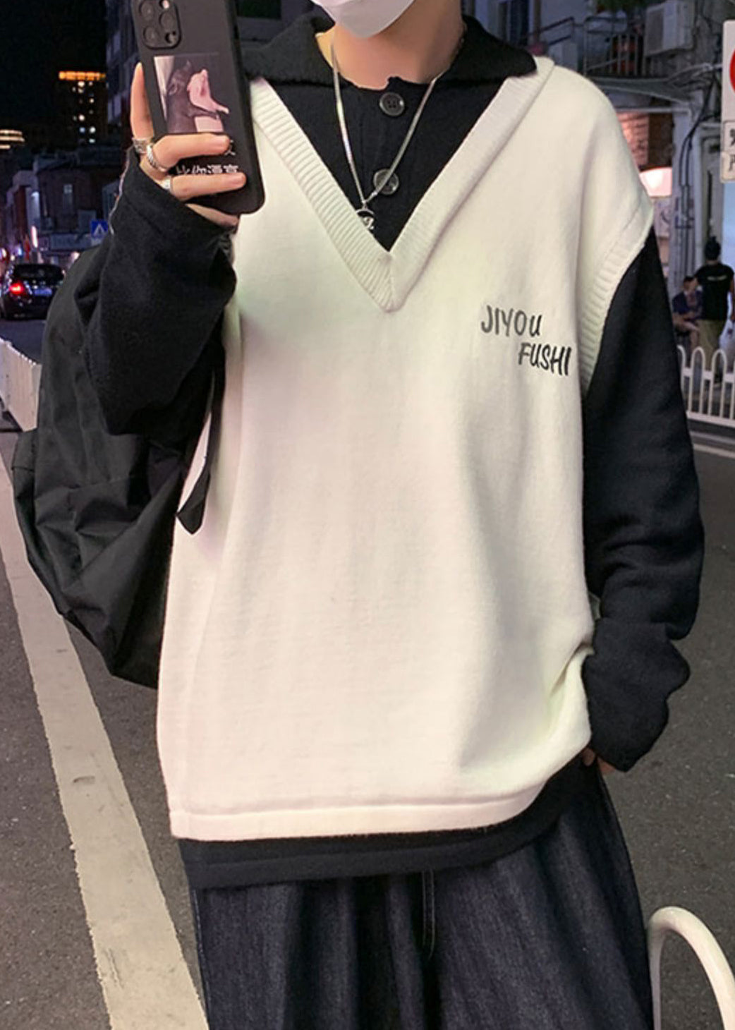 Patchwork Cozy Spring Embroideried Art Sweater Men Beige Knit