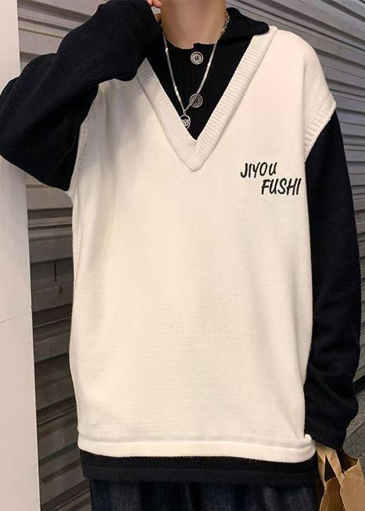 Patchwork Cozy Spring Embroideried Art Sweater Men Beige Knit