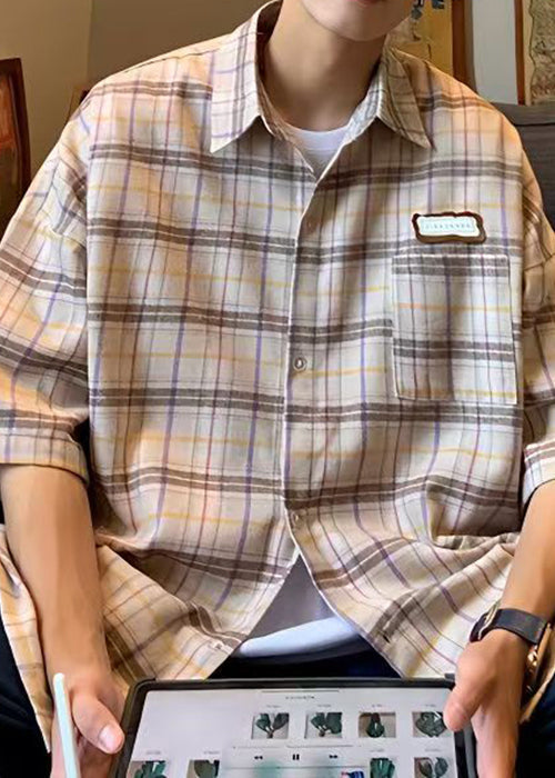 Shirt Men Beige Cotton Plaid Button Summer Art