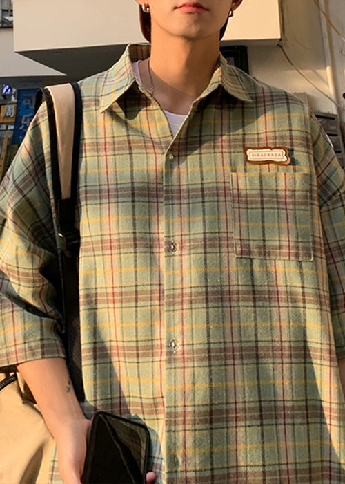 Shirt Men Beige Cotton Plaid Button Summer Art