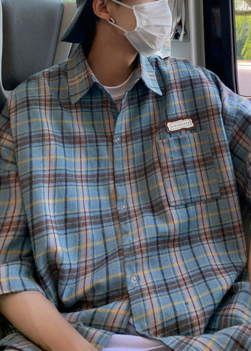 Shirt Men Beige Cotton Plaid Button Summer Art