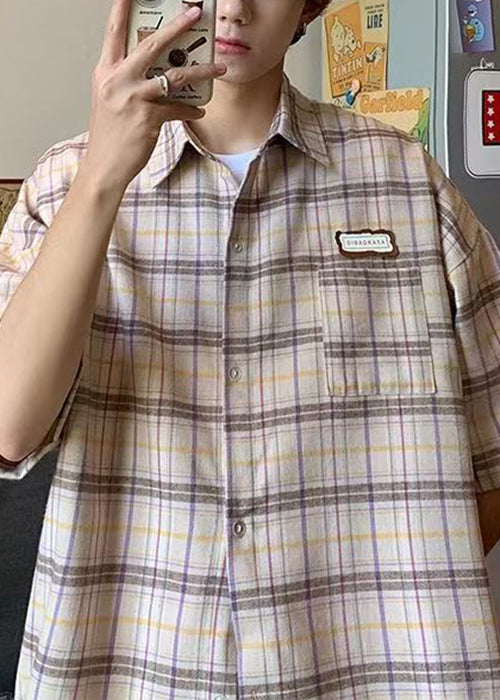 Shirt Men Beige Cotton Plaid Button Summer Art