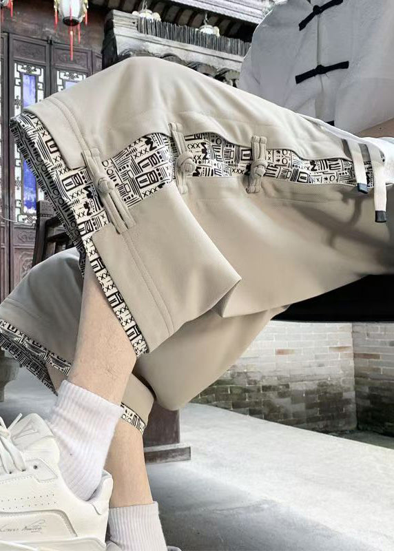 Art Pants Men Cotton Button Crop Patchwork Summer Beige Print