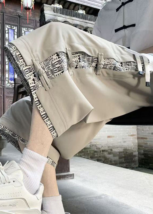 Art Pants Men Cotton Button Crop Patchwork Summer Beige Print