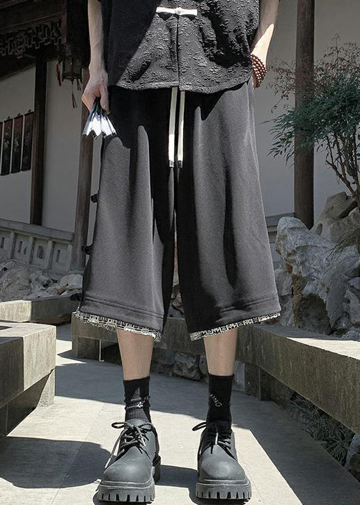 Art Pants Men Cotton Button Crop Patchwork Summer Beige Print