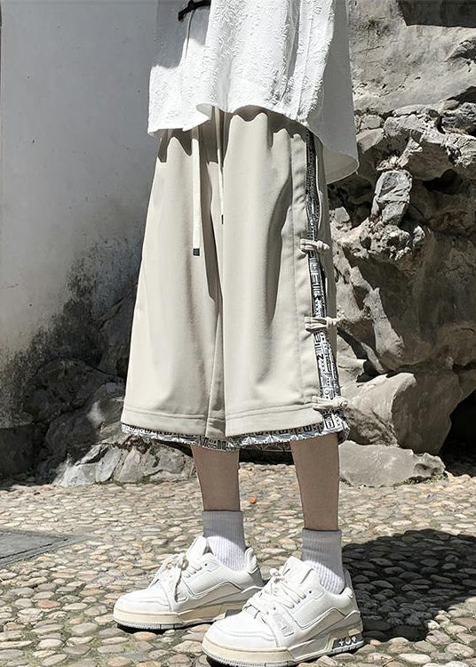 Art Pants Men Cotton Button Crop Patchwork Summer Beige Print