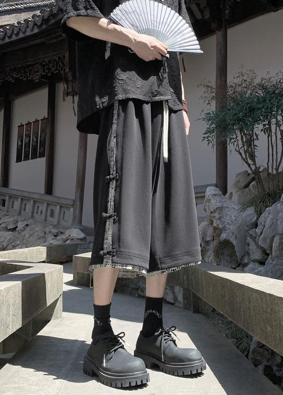 Art Pants Men Cotton Button Crop Patchwork Summer Beige Print