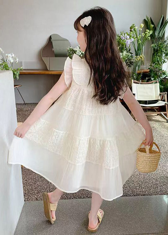 Art Beige Ruffled Hollow Out Cotton Girls Long Dress Summer EW050