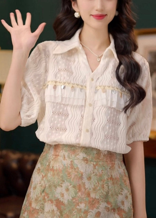 Beige Hollow Sequins Summer Lace Art Cotton Out Blouses