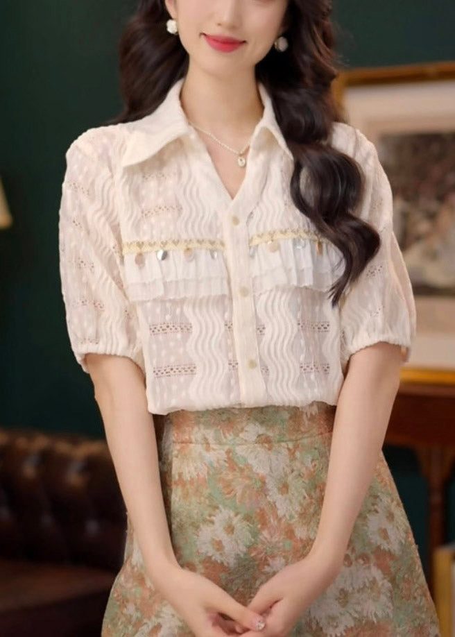 Beige Hollow Sequins Summer Lace Art Cotton Out Blouses
