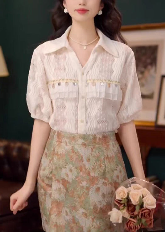 Beige Hollow Sequins Summer Lace Art Cotton Out Blouses