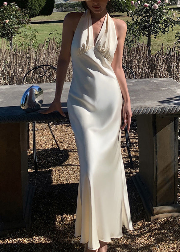 Beige Art Dresses V Silk Sleeveless Long Neck Backless Solid