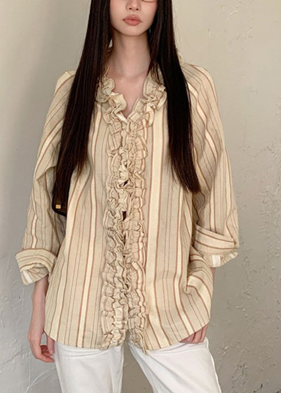 Art Beige V Neck Ruffled Striped Patchwork Shirts Spring RF030