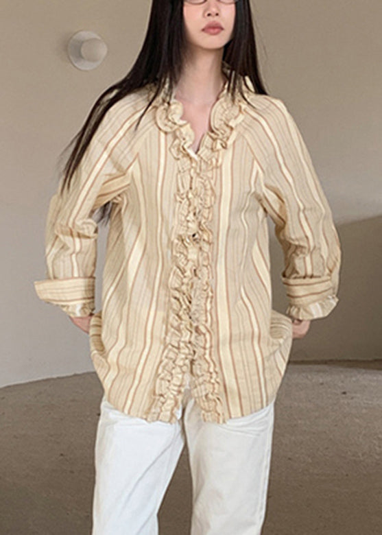 Art Beige V Neck Ruffled Striped Patchwork Shirts Spring RF030