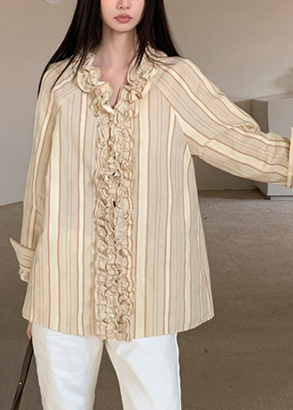 Art Beige V Neck Ruffled Striped Patchwork Shirts Spring RF030