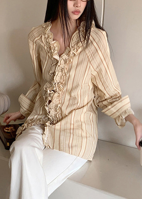 Art Beige V Neck Ruffled Striped Patchwork Shirts Spring RF030