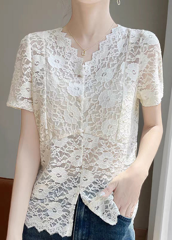 Lace Side Art Summer Shirts V Neck Beige Open
