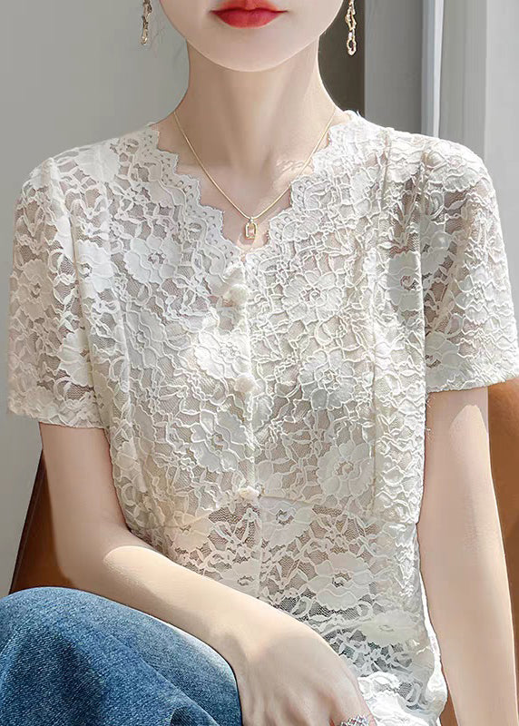 Lace Side Art Summer Shirts V Neck Beige Open