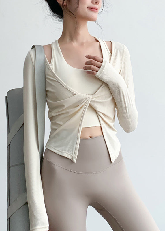 Art Spring Beige Wrinkled Neck Tops V Yoga