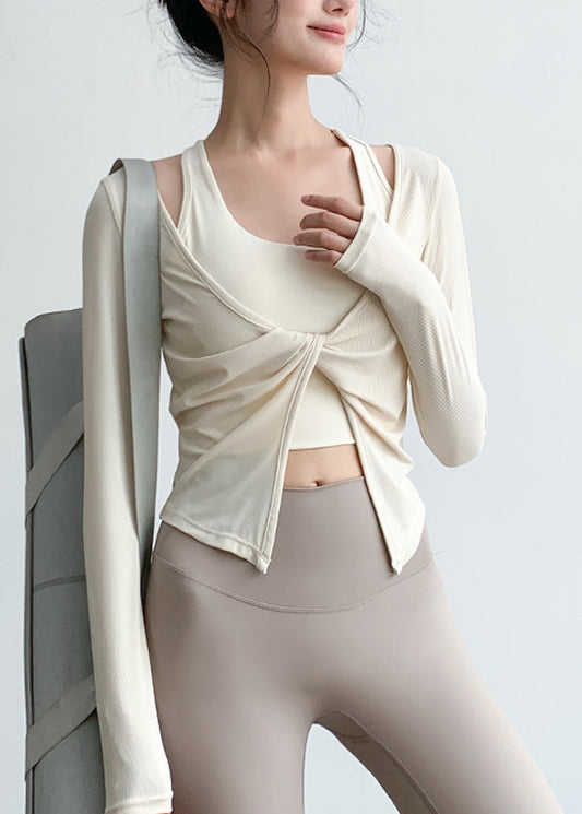 Art Spring Beige Wrinkled Neck Tops V Yoga