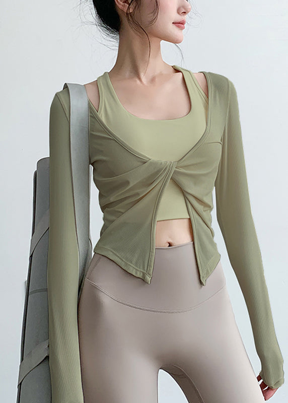 Art Spring Beige Wrinkled Neck Tops V Yoga