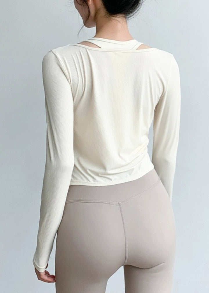 Art Spring Beige Wrinkled Neck Tops V Yoga