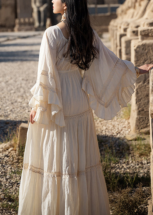 Cotton Beige Art Up Long Lace Sleeve Wrinkled Flare Dress