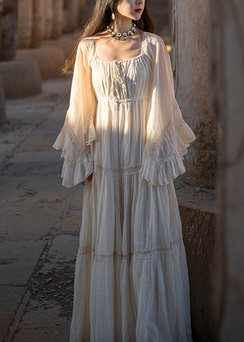 Cotton Beige Art Up Long Lace Sleeve Wrinkled Flare Dress