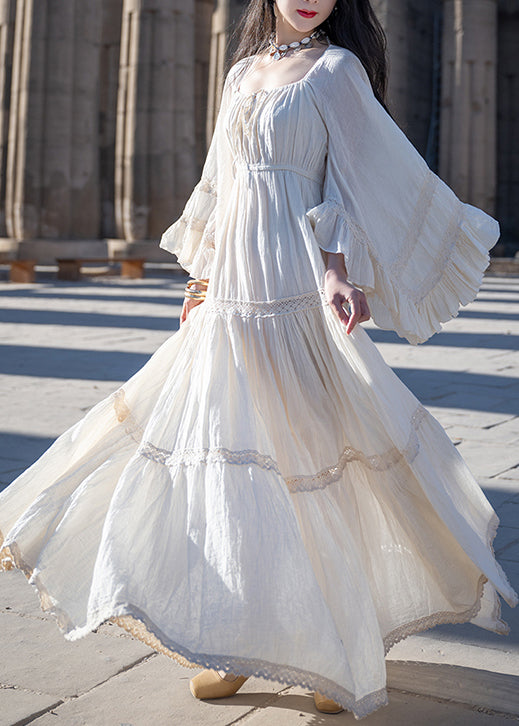 Cotton Beige Art Up Long Lace Sleeve Wrinkled Flare Dress