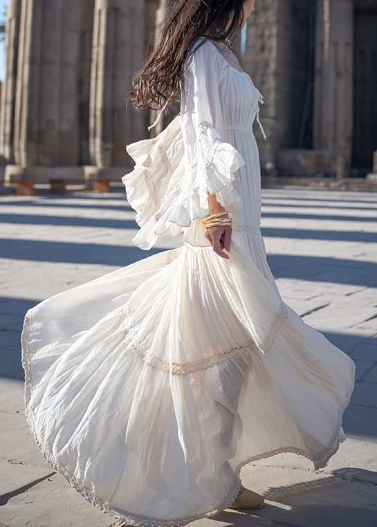 Cotton Beige Art Up Long Lace Sleeve Wrinkled Flare Dress