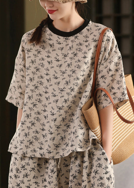 Summer T O Art Linen Shirts Print Neck Black