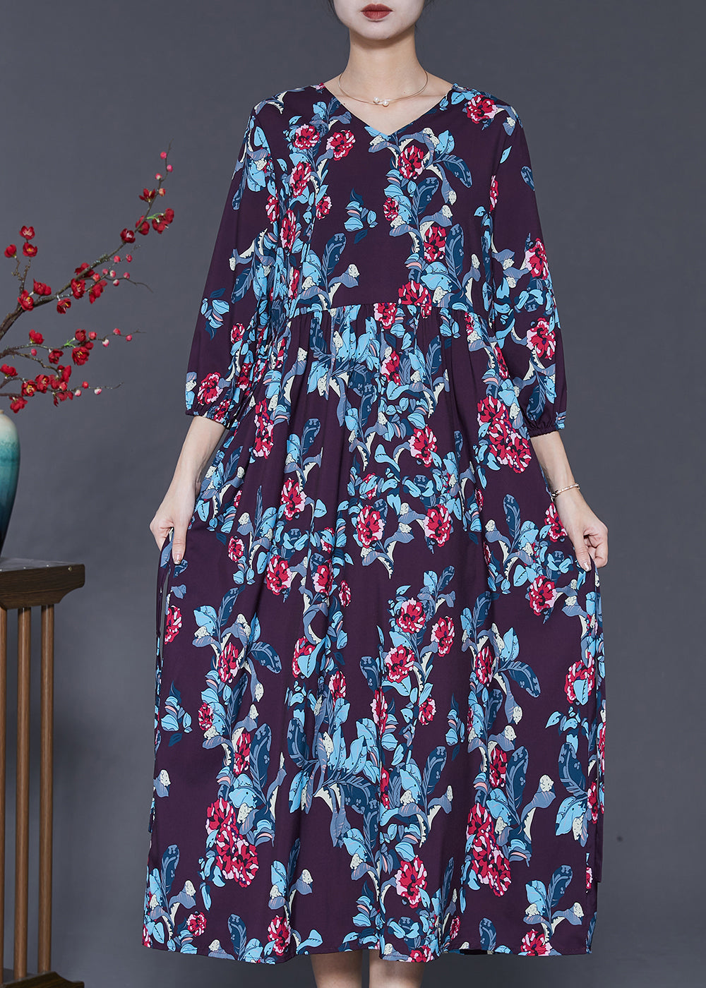 Art Black Oversized Print Silk Robe Dresses Bracelet Sleeve SD1006