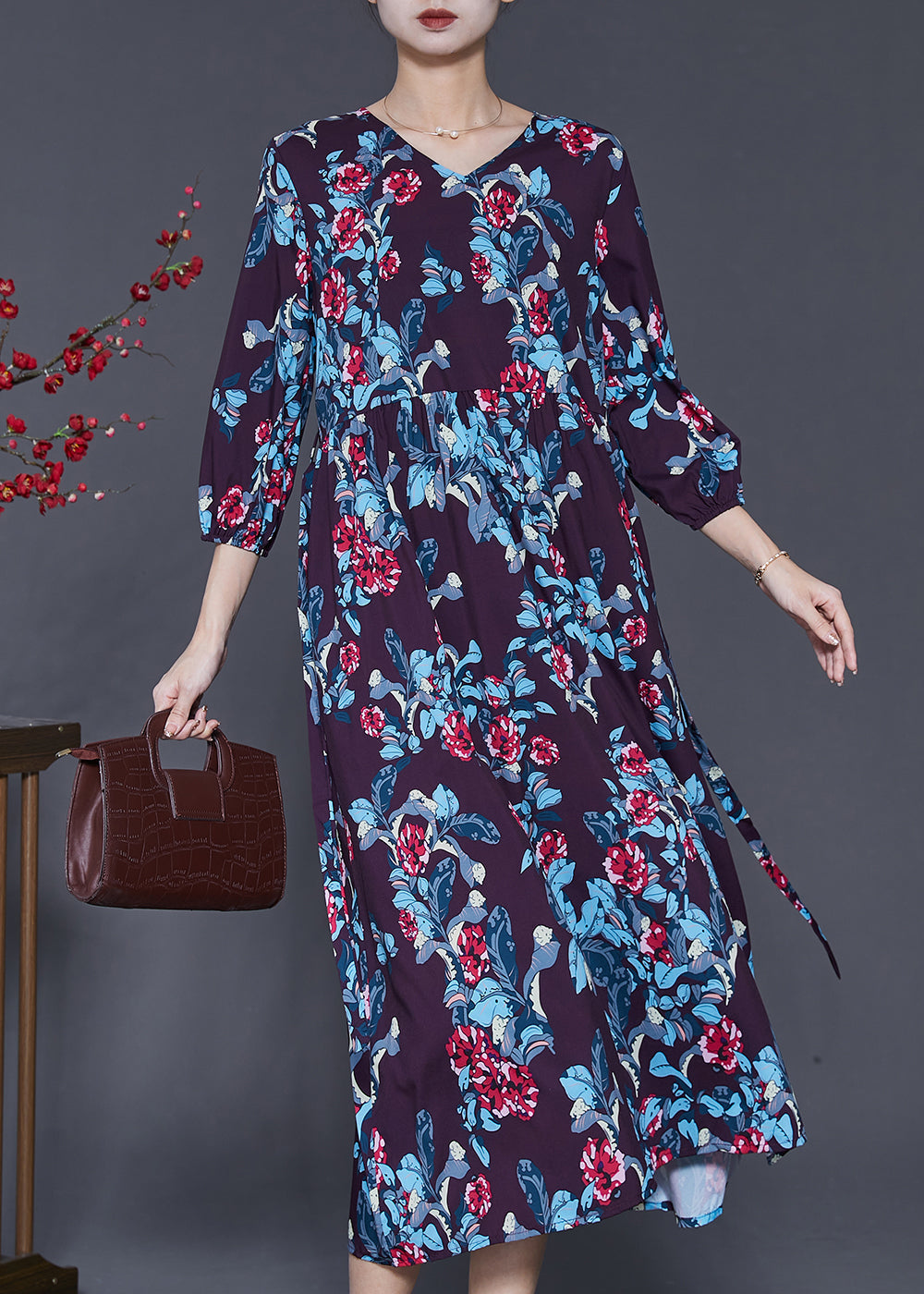 Art Black Oversized Print Silk Robe Dresses Bracelet Sleeve SD1006