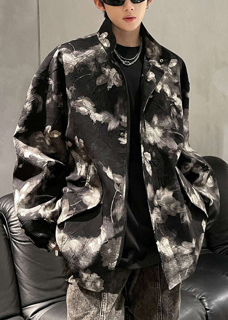 Art Black Print Zippered Pockets Men Coat Fall RO026