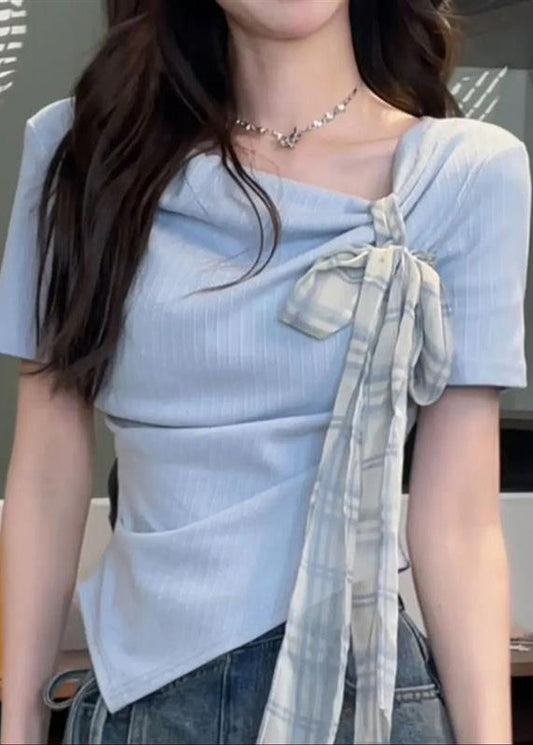 Bow Cotton Shirts T Blue Asymmetrical Summer Art