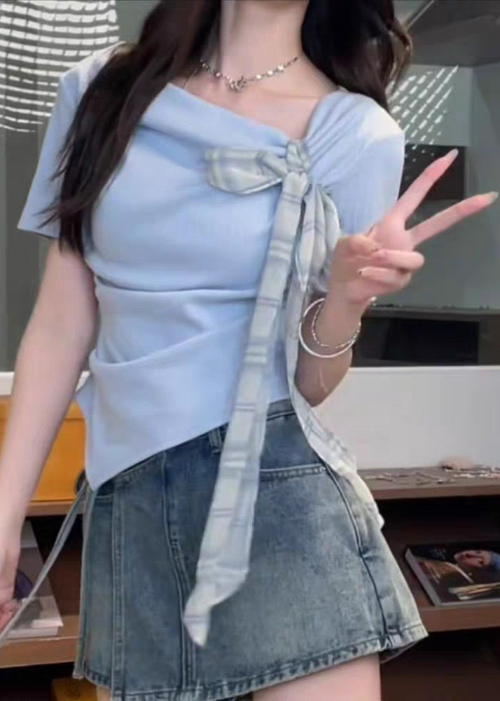 Bow Cotton Shirts T Blue Asymmetrical Summer Art