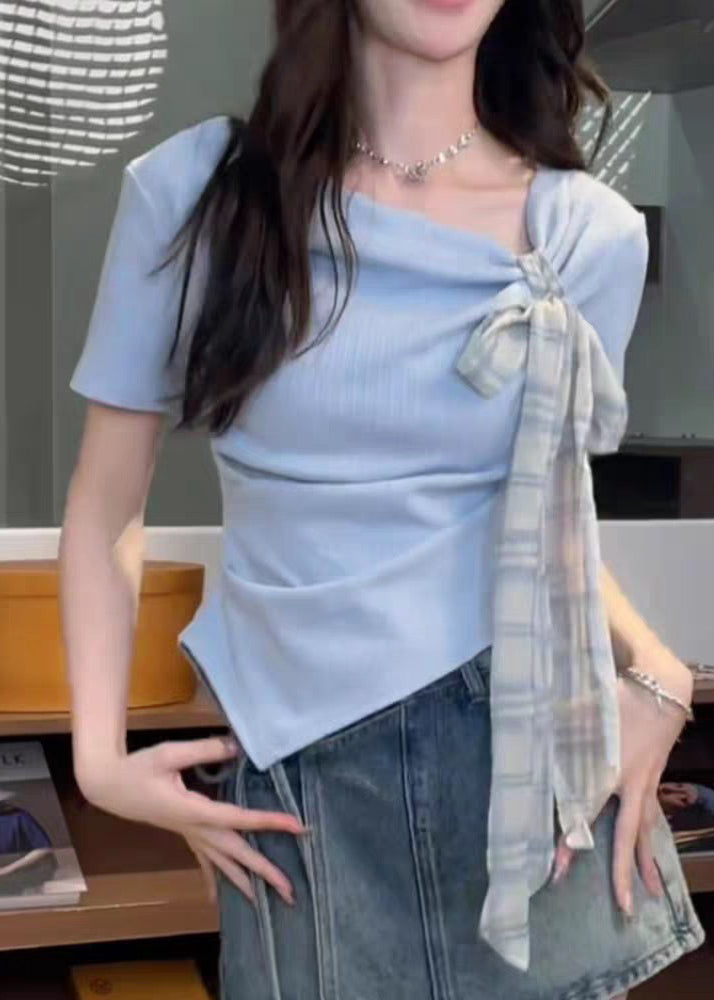 Bow Cotton Shirts T Blue Asymmetrical Summer Art