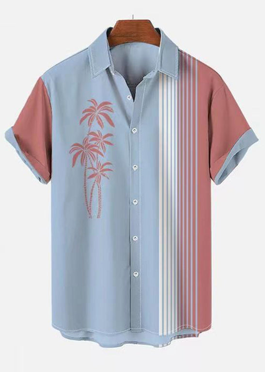 Asymmetrical Art Shirts Striped Mens Blue Cotton Summer Patchwork