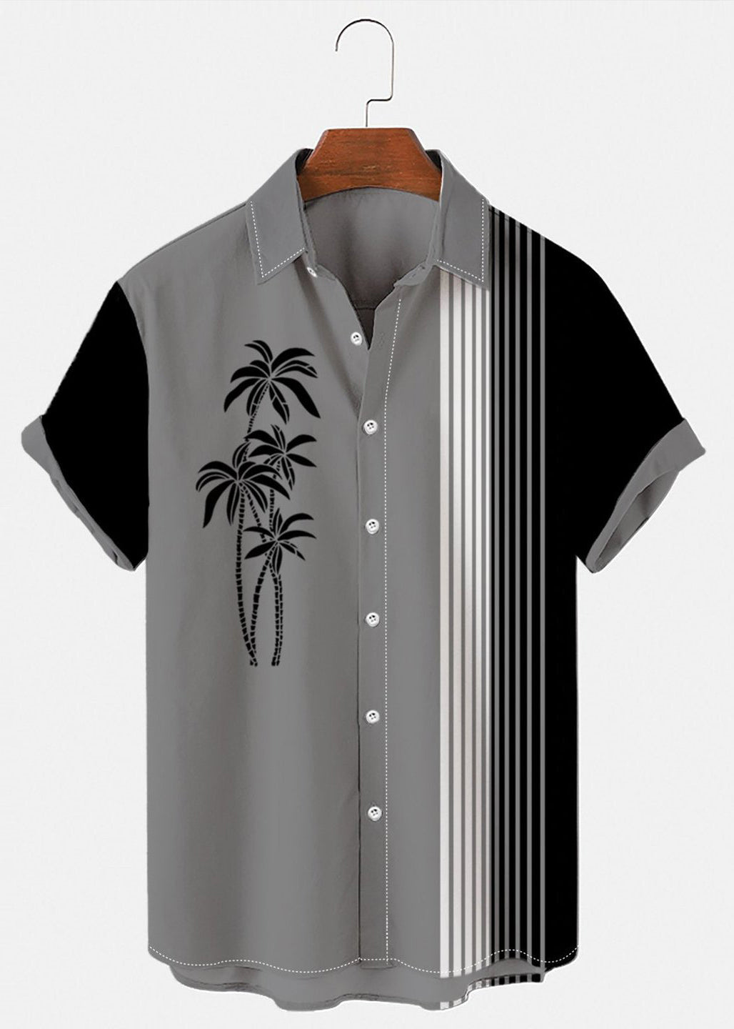 Asymmetrical Art Shirts Striped Mens Blue Cotton Summer Patchwork