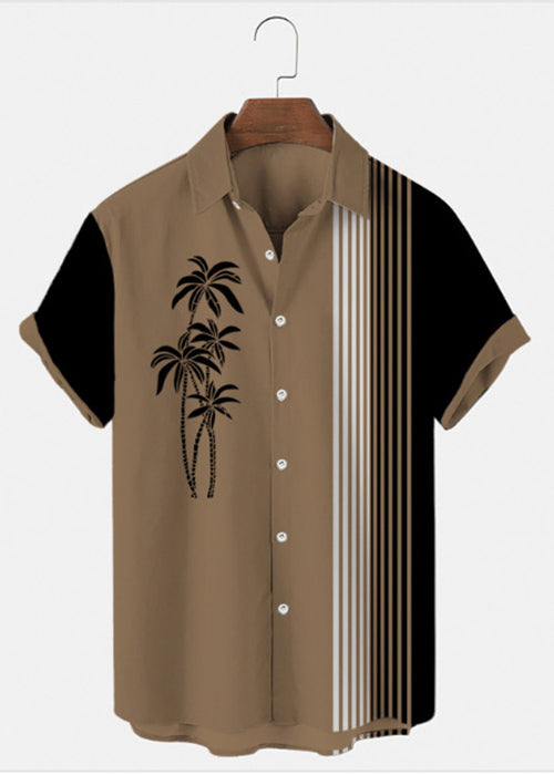 Asymmetrical Art Shirts Striped Mens Blue Cotton Summer Patchwork