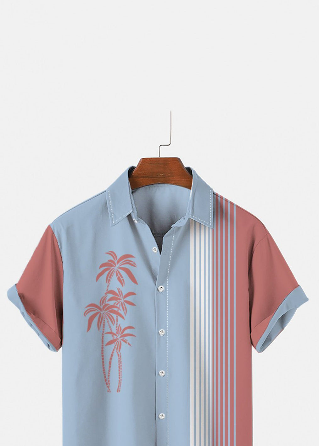 Asymmetrical Art Shirts Striped Mens Blue Cotton Summer Patchwork