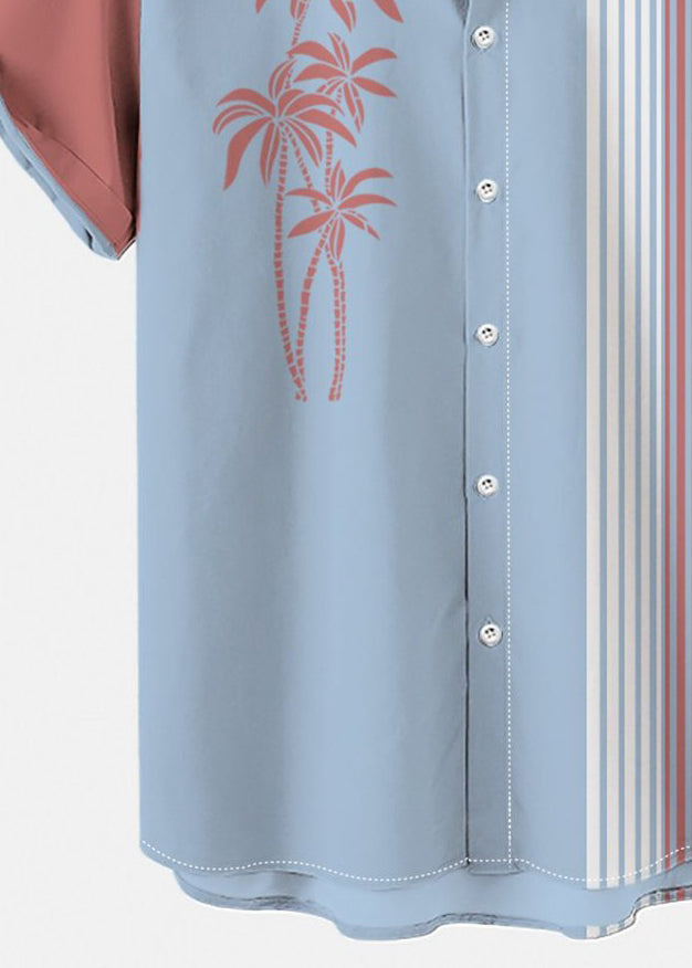 Asymmetrical Art Shirts Striped Mens Blue Cotton Summer Patchwork