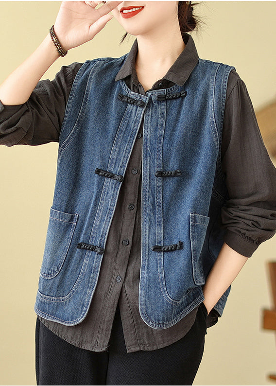 Art Blue Chinese Button Denim Vest Spring TM027
