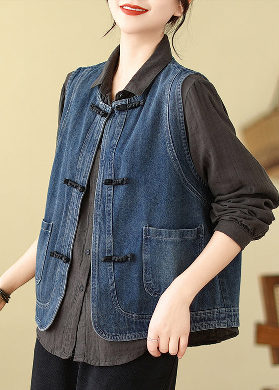 Art Blue Chinese Button Denim Vest Spring TM027