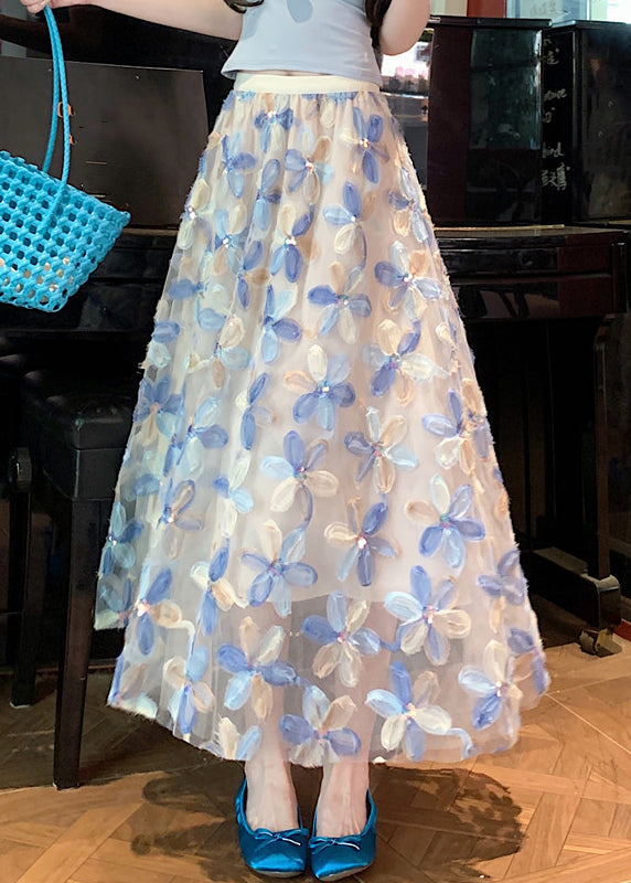 Tulle Floral Waist Summer Elastic Art Skirt Blue