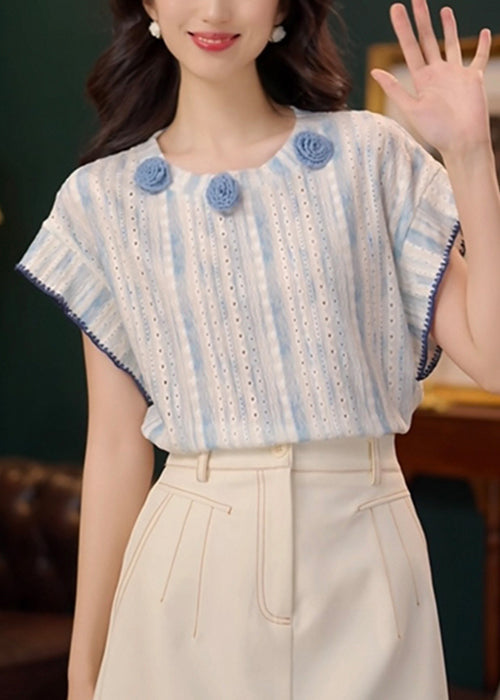 Art Hollow Summer Cotton Shirt Out Floral T Blue