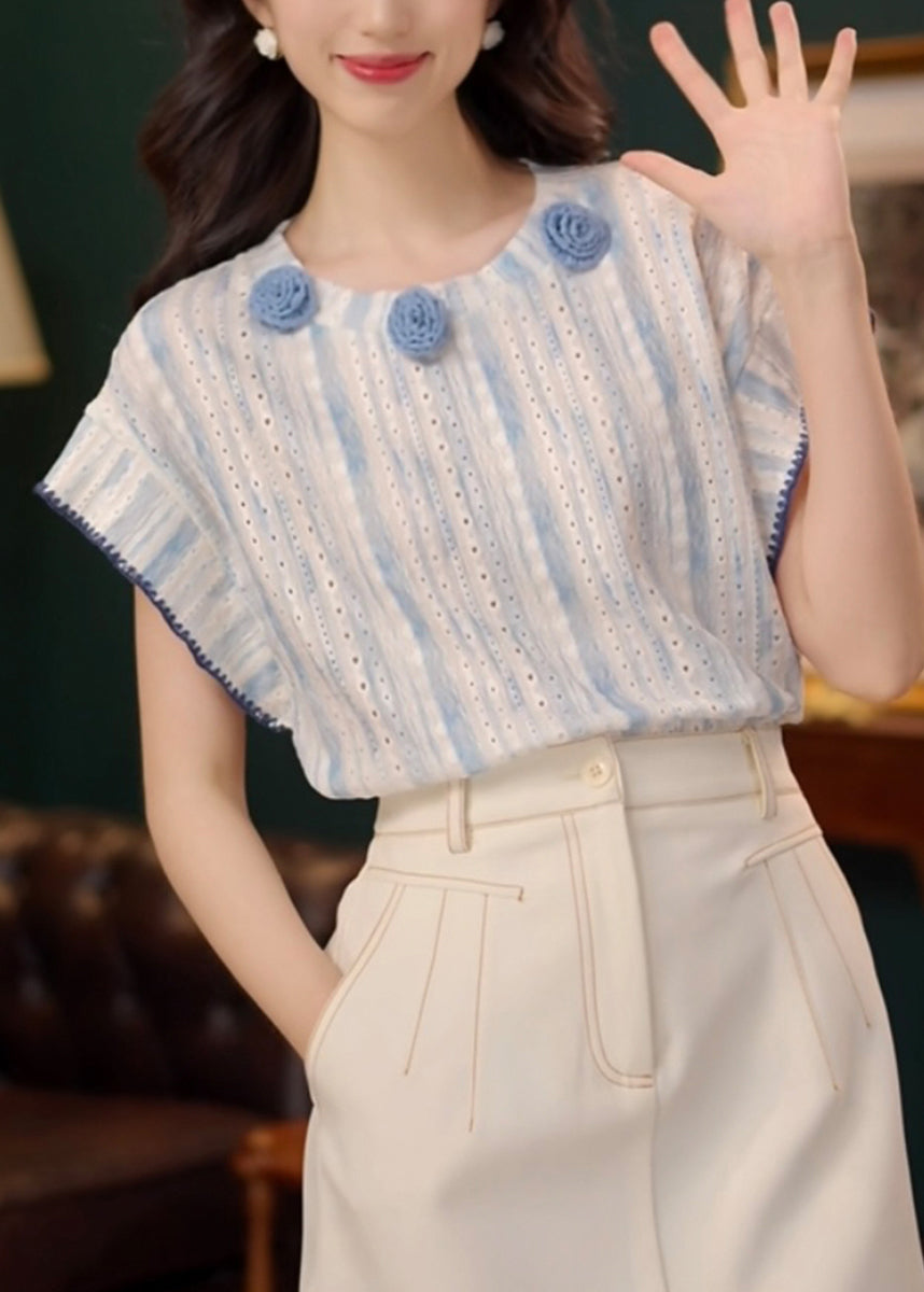 Art Hollow Summer Cotton Shirt Out Floral T Blue